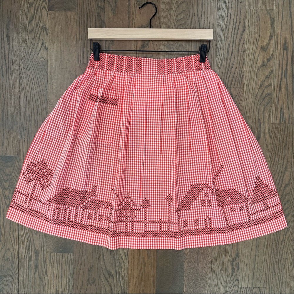 Vintage Embroidered Gingham Cotton Half Apron in Red, White, Black